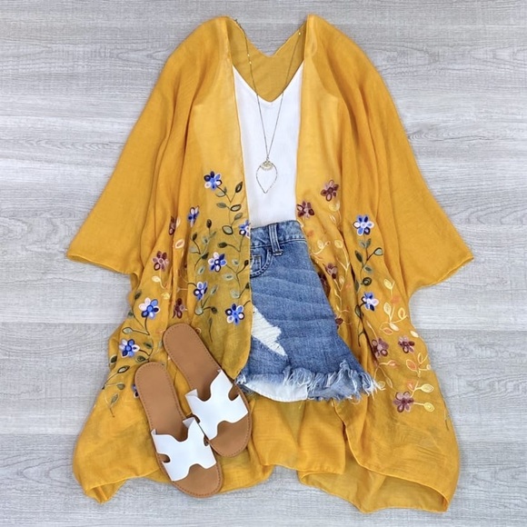 Tops - Stunning Mustard Embroidered Kimono Cardigan
